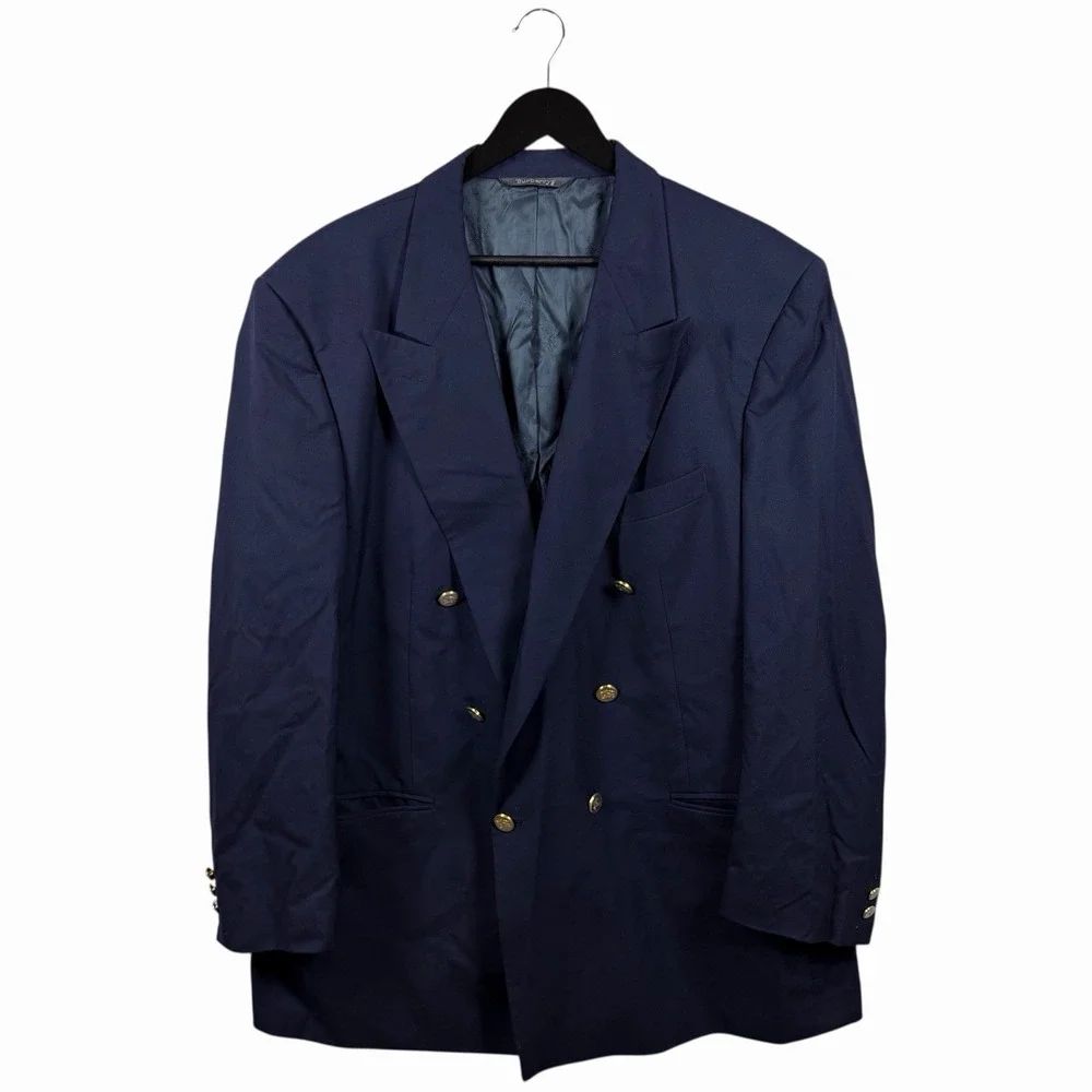 Vintage BURBERRYS Navy Blue Gold Button Super 100's Wool Double Breasted Blazer‎